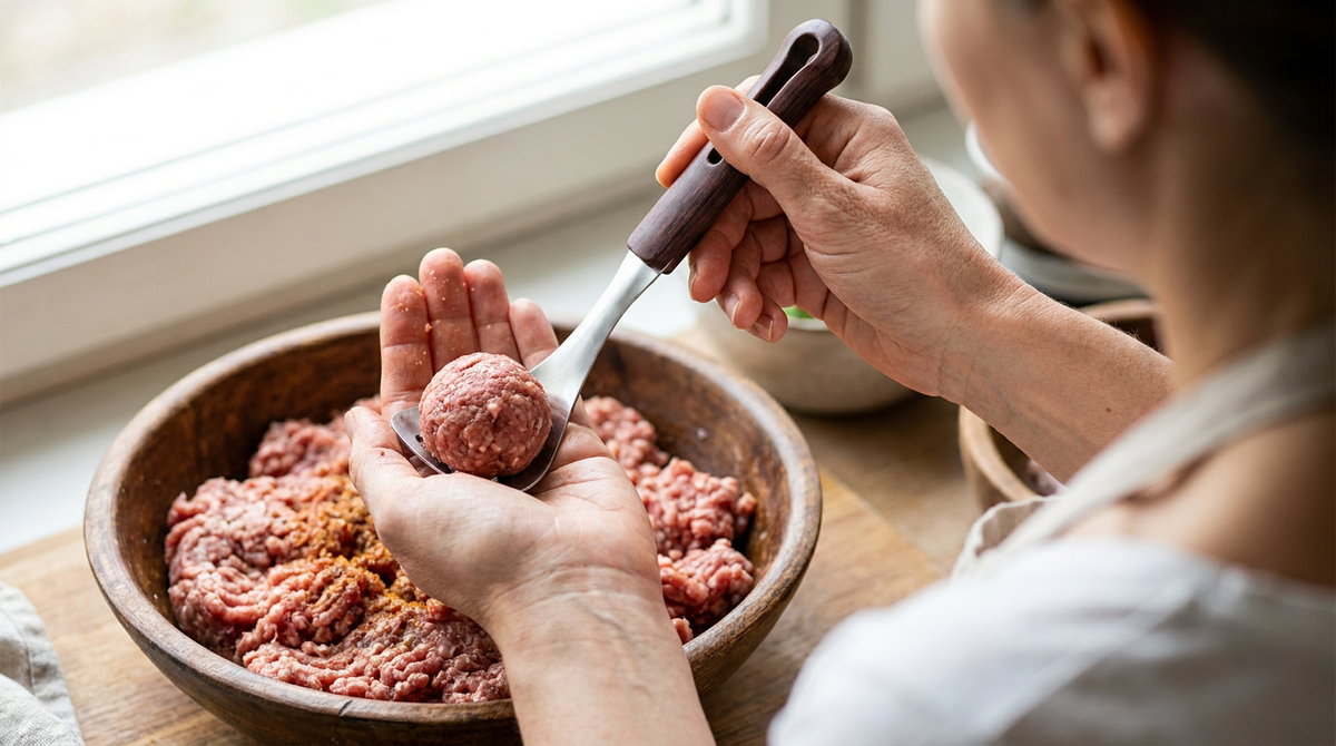 En hand formar en köttbulle och lyfter den med Rundis över en skål med färs