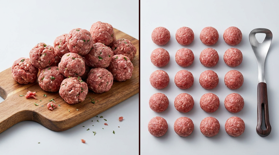 Före och efter: ojämna handrullade köttbullar bredvid jämna bullar formade med Rundis