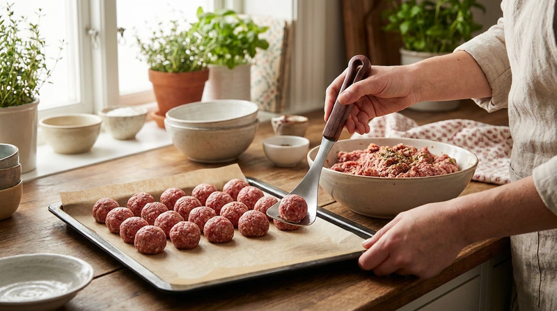 Nyformade köttbullar läggs på en plåt med Rundis